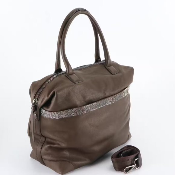 Eleventy Mocha Brown Leather Two-Way Tote Bag with Rhinestone Trim - Picture 2 of 4